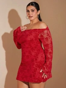 SHEIN BAE Plus Size Women's Black Off-Shoulder Jacquard Mesh Elegant Romantic Sweet Sexy A-Line Long Sleeve Ruched Dress, Autumn/Winter