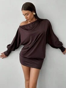 Aloruh 咖啡棕色针织弹力面料女式紧身斜肩露背迷你连衣裙 - 咖啡 - 查看 6