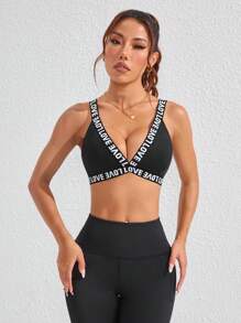 SHEIN Sports Women's Letter Patchwork Minimalist Sport Bra - Black - View 5