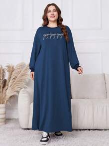 Lacomfia 大码圆领长袖蝴蝶结印花休闲长款连帽衫 - 霧霾藍 - 查看 6