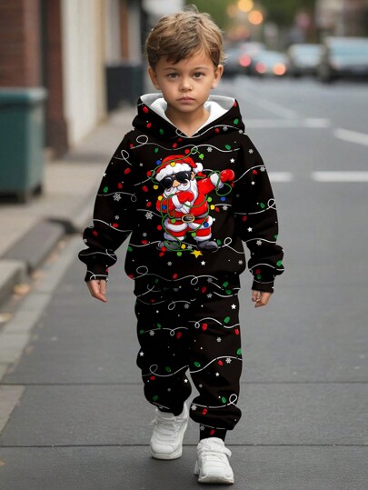 SHEIN 2 pièces/Set de Sweat-shirt à capuche à manches longues simple avec imprimé graphique décontracté pour jeunes garçons, confortable pour l'automne/hiver, pour Noël