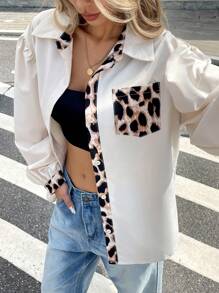 SHEIN Frenchy 女士休闲豹纹拼布口袋宽松衬衫，春/秋 - 杏色 - 查看 3