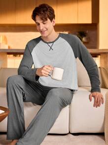 Manfinity Underwear&Sleepwear Basics Conjunto de pijama de manga larga con bloque de color en contraste y pantalones para hombre