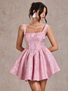 SHEIN BAE 女士蝴蝶结装饰提花露背粉色毕业派对蓬松连衣裙，女士淡色连衣裙 - 粉色 - 查看 6