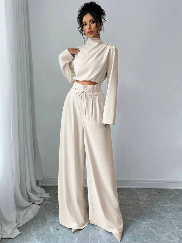 Firerie Conjunto de 2 piezas: Blusa elegante con cuello en color albaricoque y pantalón de pierna ancha, atuendo de maestra, conjunto de pantalón ligero y cómodo, top asimétrico sin mangas - Albaricoque - Añade 5