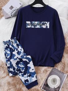 Set de 2 piezas de pantalón largo y pijama de manga larga con contraste de color blanco y caqui, estampado de la letra del hombre de jengibre navideño, para hombres