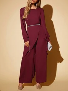 SHEIN Clasi 2pcs/Set Women Elegant Round Neck Asymmetric Lantern Sleeve & Wide Leg Pants Women Clothes Set
