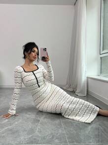 Modelyn 1 Peça Vestido Longo Elegante de Malha Jacquard em Bloco de Cor Abricó para Mulheres, Conjunto Longo de Vestidos de Noite para Mulheres - Damasco - Visão 5