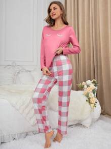Women Eyelash Print Round Neck Long Sleeve Top And Plaid Pants Pajama Set - Multicolor - View 4