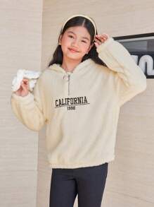SHEIN Tween Girl Letter Embroidery Half Zip Teddy Sweatshirt - Beige - View 3