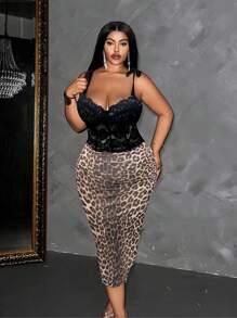 Maweii Plus Size Summer Sexy Lace Panel Leopard Print Split Slip Dress