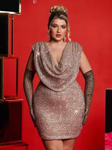 SHEIN Belle Vestito elegante e sexy da donna taglie forti con scollo profondo drappeggiato, spalline imbottite, abito da cerimonia con decorazioni in rilievo pesanti, adatto per eventi di gala, abito da invitata a matrimonio - Rosa antico - Visualizzare 1
