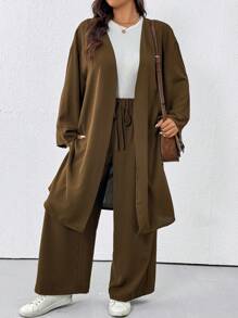 SHEIN LUNE 大码纯色长袖开衫和裤子休闲装 - 棕色 - 查看 1