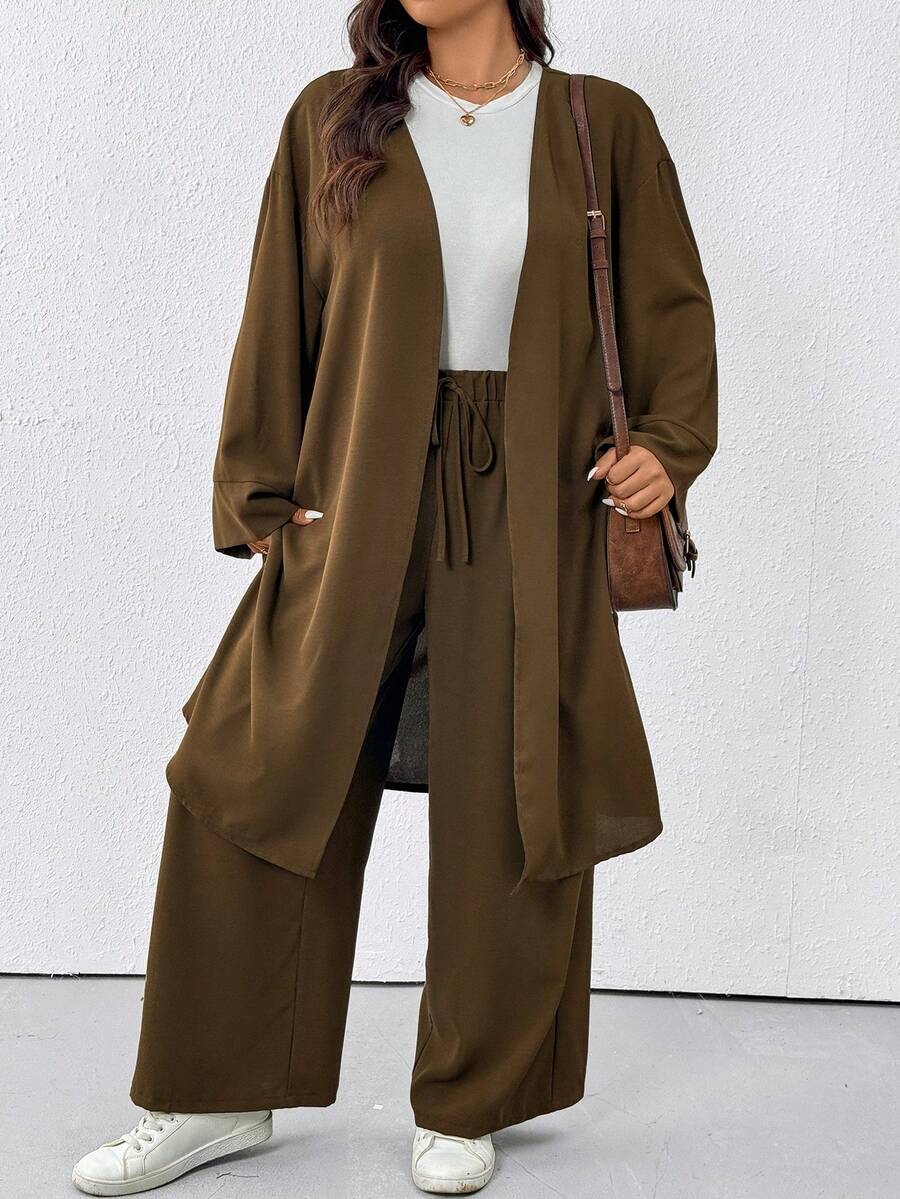 SHEIN LUNE 大码纯色长袖开衫和裤子休闲装 - 棕色 - 查看 1