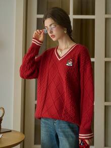 Simple Retro 女装秋冬休闲V领撞色麻面条纹章柴红优雅复古宽松长袖套头毛衣 - 紅色 - 查看 8