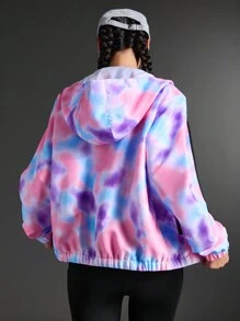 SHEIN Sports Casual Tie-Dye Color Contrast Hoodie Jacket - Pink - View 2