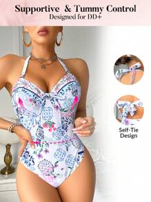 Swim DD+ PUSH UP TUMMY CONTROL 花卉印花露背系带度假连体泳衣 - 黑與白 - 查看 3