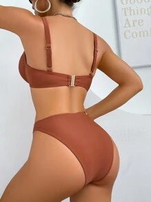 Swim DD+ Wide Strap Reinforced Metal Clasp Bikini Set Summer - Brown - View 2