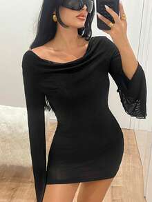 SHEIN ICON Đầm lưới hở lưng tay dài màu trơn gợi cảm cho nữ - màu đen - Xem 4