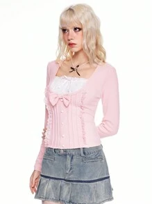 ROMWE Kawaii Áo thun tay dài 2 trong 1 trang trí nơ dễ thương Himekaji cho nữ - Hồng - Xem 3