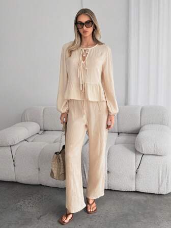 SHEIN Essnce Damen Zweiteiler Set mit Ballonärmeln, Taillenbändel Top und hohe Taille Hose, lässiger Schnitt, Rundhalsausschnitt, Frühlings-Outfit 2024