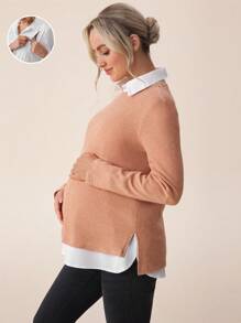 SHEIN Umstandsmode 2 Stücke Set aus einfachem langärmeligem Top mit Knopfverschluss und Jogginghose, Freizeitoutfit