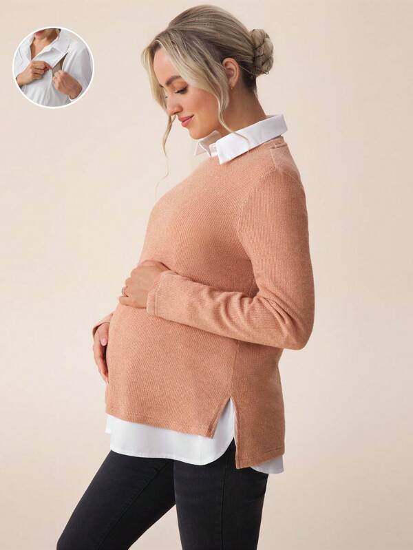 SHEIN Umstandsmode 2 Stücke Set aus einfachem langärmeligem Top mit Knopfverschluss und Jogginghose, Freizeitoutfit