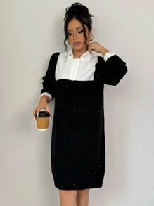 Elenzga Damen Farbblockkleid mit langem Arm, formanliegend und elegant