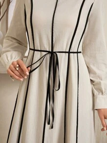 Al Najma Women's Round Neck Contrast Trim Belted Long Sleeve Elegant Arabian Modest Dress, Elegant A Line Arabian Dresses, Casual Daily