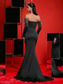 Glamrae Elegant Black One-Shoulder Fishtail Dress,Luxury Hot Diamond Handmade Pearl Long Sleeve Prom Gown For Wedding Guest,Graduation & Heavy Industry Dinner - Black - View 3