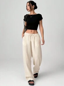 SHEIN EZwear 杏色编织系带休闲长裤宽松裤女士春秋休闲抽绳口袋自然直筒长裤杏色宽松女裤休闲日常穿着 - 杏色 - 查看 5