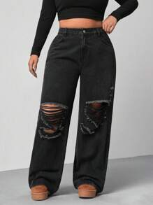 SHEIN MOD Plus Size Women Loose Fit Ripped Wide Leg Boyfriend Jeans, Fall Women Clothes