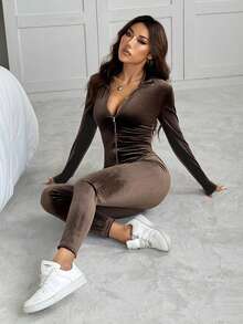 SHEIN EZwear Black Velvet Two Pieces Set Yoga Sportswear Zip Up Jacket & Leggings Brown Two Piece Set Long Sleeve Two Piece Set Brown Two Piece Set Women 2 Piece Lounge Sets Woman 2 Piece Casual Sets Woman - Brown - View 7