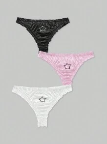 ROMWE Kawaii 3pcs/Set Y2K Ruched Satin Panties With Star Rhinestone Decor