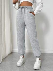 SHEIN Privé 女士系带前口袋休闲厚款运动裤，日常休闲装