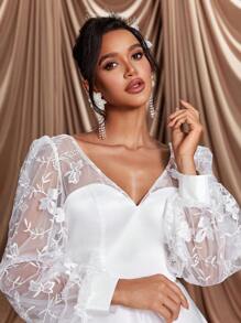SHEIN Belle Elegant And Romantic White Mesh Embroidered V-Neck See-Through Puff Long-Sleeved A-Line Hem V-Shaped Backless Strap Suitable For Wedding Events, Dates, Bridal Shower Dress