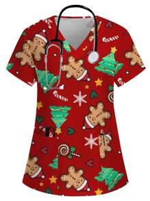 PopScrub Women's Gingerbread & Christmas Tree Print V-Neck Short Sleeve Scrub Uniform Top - Red - View 1