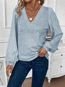 SHEIN LUNE Blusa de manga larga con cuello en V minimalista y casual para uso diario en primavera - Azul - Ver 4