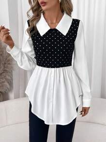 SHEIN Clasi Women Elegant Retro Black & White Polka Dot Splicing Color Block Shirt Collar Long Sleeve Top