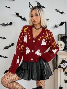 Chiquease 女式 V 领纽扣长袖开衫，带有幽灵、月亮和星星万圣节主题 - 彩色 - 查看 7