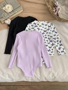 Blossori LMoss Bộ 3 món/Bộ đồ liền thân dài tay in họa tiết bướm hoạt hình dễ thương cho bé gái sơ sinh, mùa thu/đông - Màu tím - Xem 2