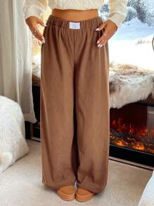 SHEIN EZwear Plus Size Simple Solid Color Wide-Leg Sweatpants, Casual Autumn/Winter - Brown - View 1