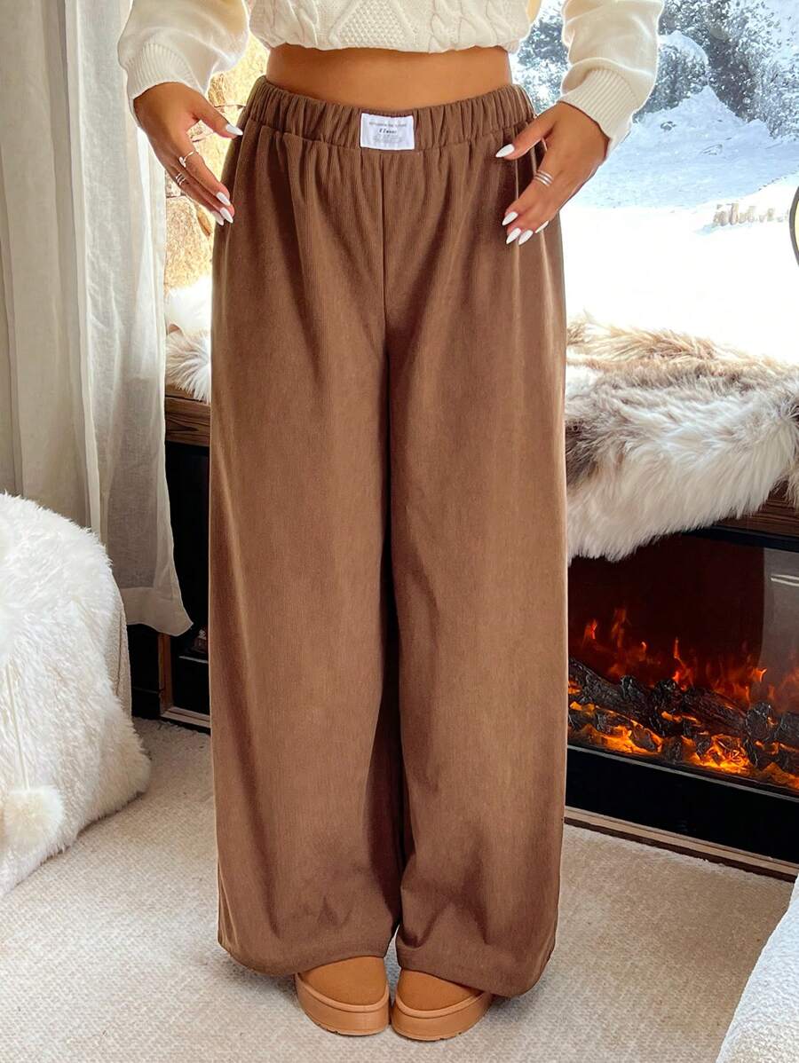 SHEIN EZwear Plus Size Simple Solid Color Wide-Leg Sweatpants, Casual Autumn/Winter - Brown - View 1