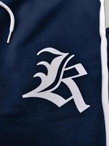 Manfinity Dauomo Bộ 2 quần nỉ dài tay cổ tròn in chữ màu khối cho nam và quần nỉ bó thường ngày - Xanh và trắng - Xem 4