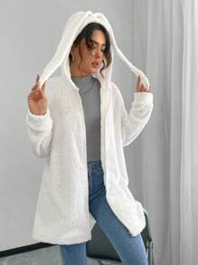 SHEIN LUNE Jaqueta com Capuz Feminina com Decoração de Orelha de Coelho, Design de Bolsos com Zíper de Manga Longa, Costura Lateral, Tecido de Fleece Quente para Uso Casual Diário, Outono/Inverno