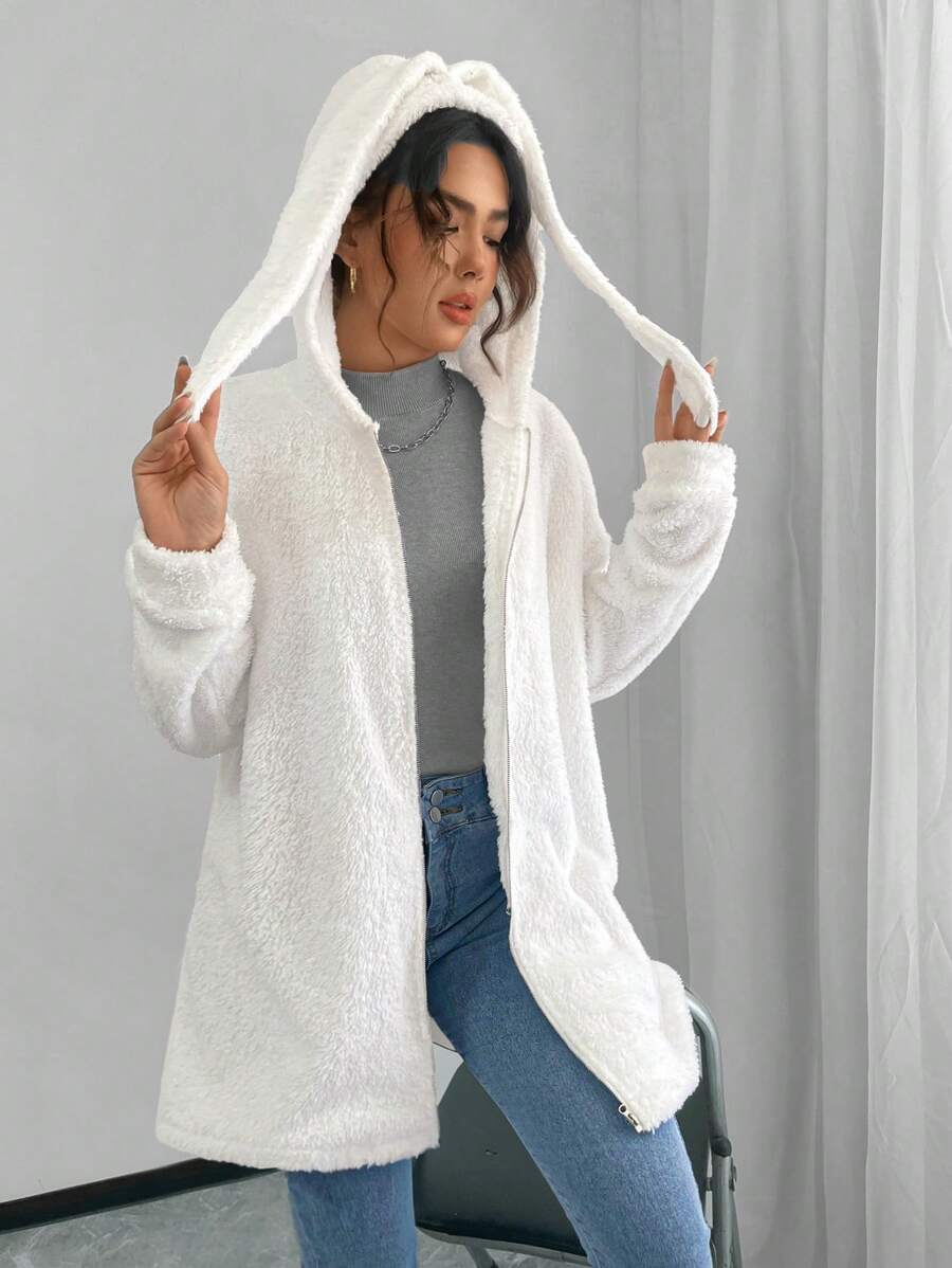 SHEIN LUNE Jaqueta com Capuz Feminina com Decoração de Orelha de Coelho, Design de Bolsos com Zíper de Manga Longa, Costura Lateral, Tecido de Fleece Quente para Uso Casual Diário, Outono/Inverno