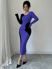 Elenzga Women Elegant Contrast Color Fitted Sweater Dress For Autumn/Winter - Blue - View 3
