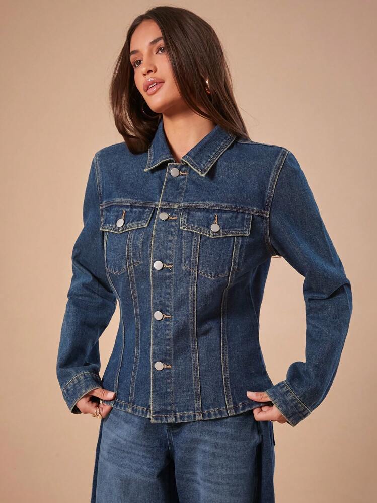 Forever 21 Chaqueta vaquera de manga larga con cuello vuelto, cintura ceñida, lavado retro de alta calle para ir al trabajo, nueva chaqueta vaquera de manga larga con cuello vuelto, lavado azul profundo, casual de alta calle con botones para Año Nuevo, ropa Y2K para Año Nuevo