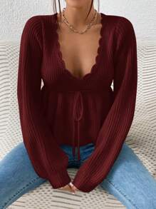 SHEIN Clasi Plus Size Lantern Sleeve Wave Collar Cinched Waist Pullover Sweater - Burgundy - View 4