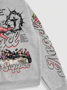 ROMWE MEN Street Life 2 件套男士街头印花运动衫和运动裤运动服，适合日常穿着 - 淺灰色 - 查看 6